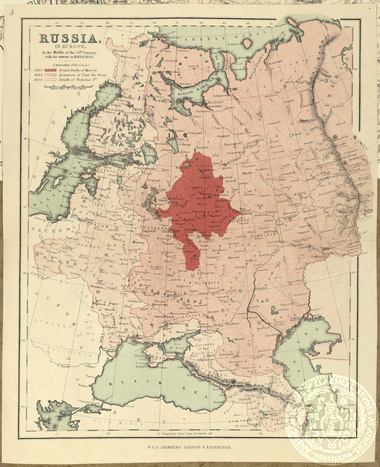 Russia in Europe. In the middle of the 15th century, with its extent in 1689. & 1855.